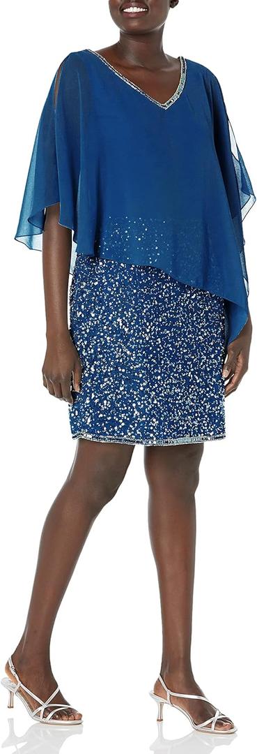 J Kara Women's Caplet Short Cocktail Beaded Dress (18, Cobalt Multi)