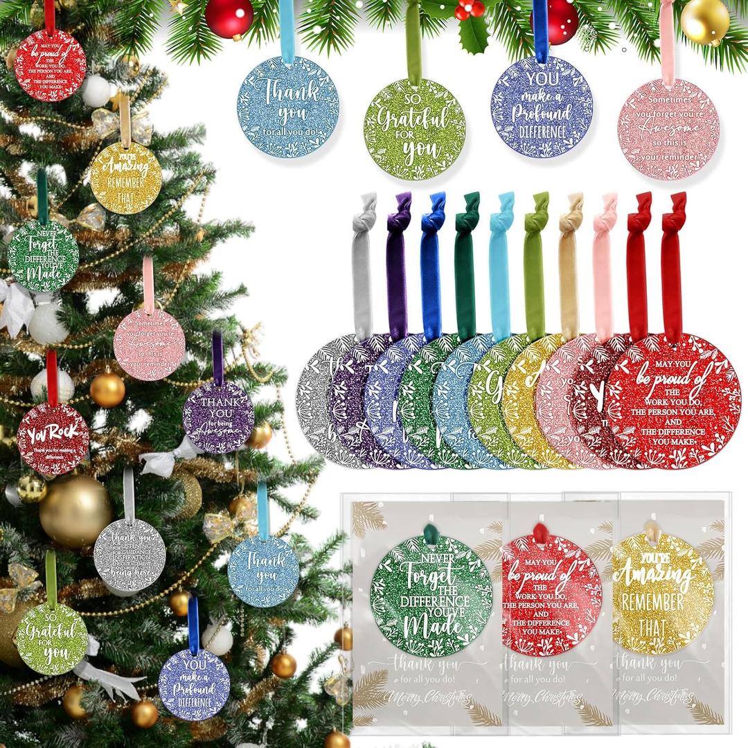 Kasyat 50 Sets Christmas Ornaments Employee Appreciation Gifts Bulk Christmas Glitter Acrylic Tree Ornament Inspirational Cards Appreciation Gifts for Coworker Team Staff Women Volunteer