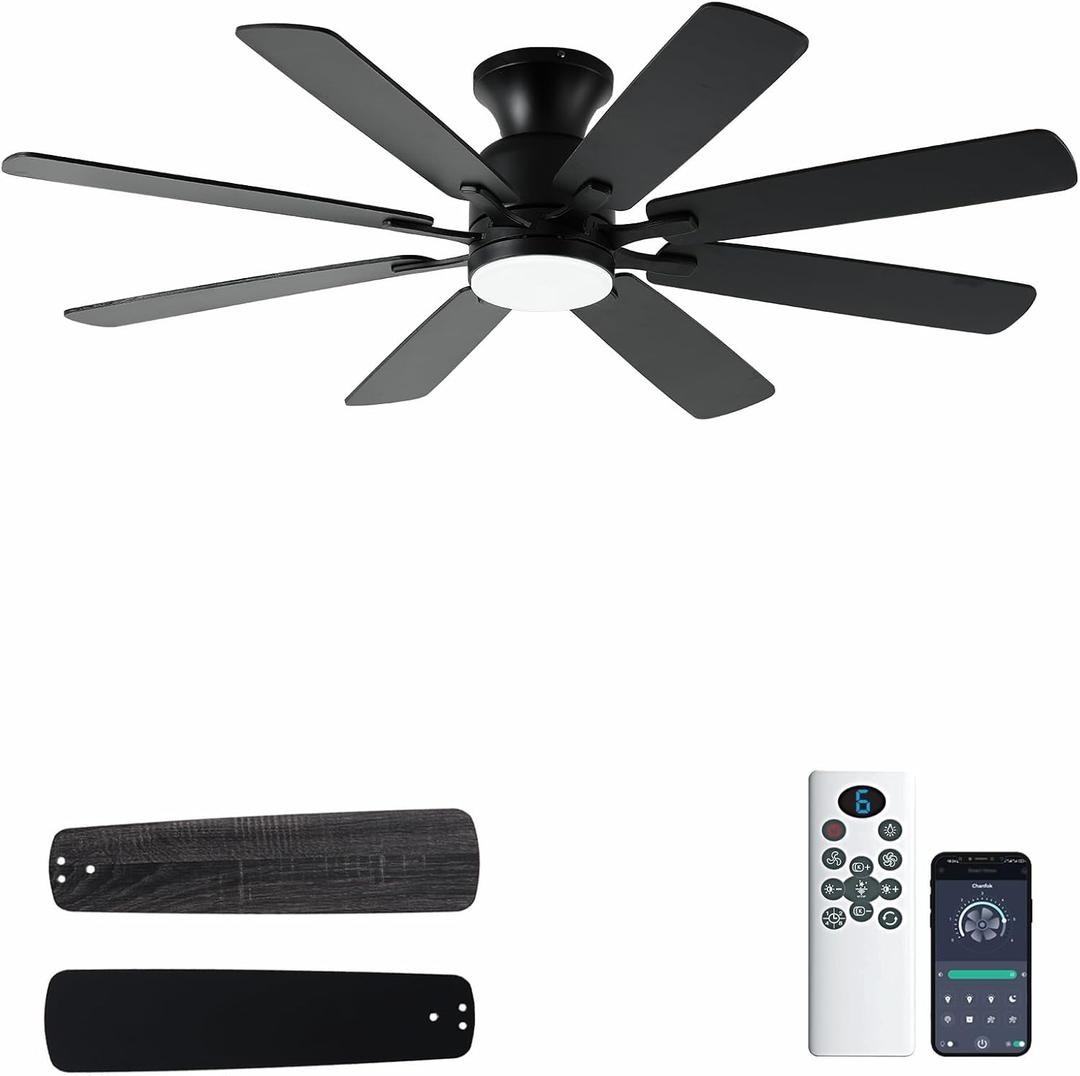 KNUN 52Inch Black Ceiling Fan, Low Profile Ceiling Fans with Lights and Remote/APP Control, 8 Blades, Noiseless, DC Motor, Flush Mount Ceiling Fan for Bedroom Living Room, Indoor/Outdoor Use