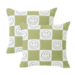 Pack of 2 Ultra Soft Cozy Happy Smiling Face Checkered Knitted Throw Pillow Cover Fluffy Microfiber Pillocase Decorative for Sofa Bed 18 Inches Both Sides 