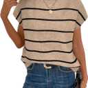 WDIRARA Women's Striped Turtleneck Sweater Vest Cap Sleeve Pullovers Loose Oversized Knit Top (Medium, Khaki)