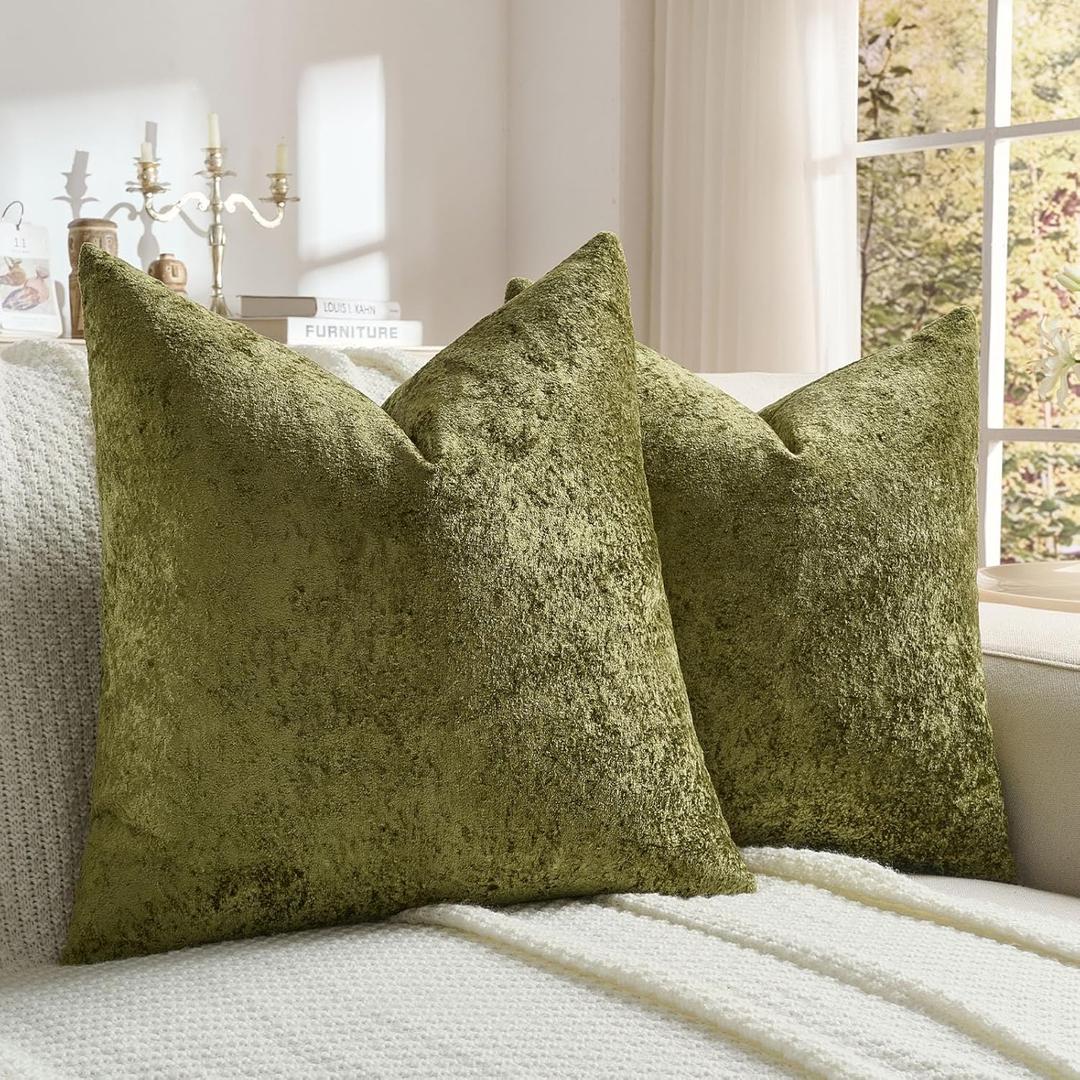FUTEI Moss Green Flannel Throw Pillow Covers 18x18 Inch Set of 2,Soft Crushed Dimensional Textured Cushion Cases,Modern Home Decor for Couch Living Room