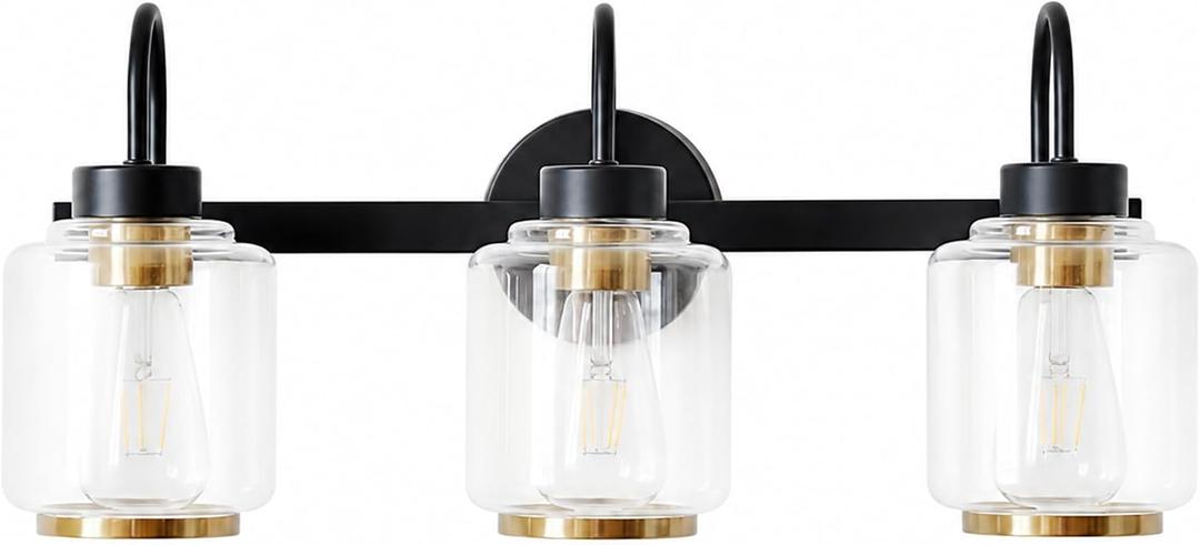 3-Light Bathroom Vanity Light, Black and Gold, Bulbs Included, 3 Light-Clear