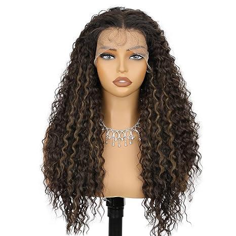 Brown with Highlight Synthetic Lace Front Wig 13x4 Long Curly Wig with Baby Hair Natural Preplucked Hairline 24 Inch Wavy Wig for Black Women Daily Party Use