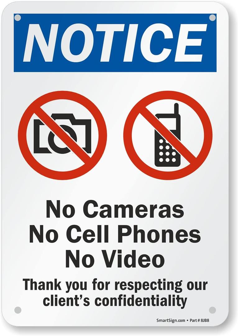 SmartSign - S-8658-AL-10 "Notice - No Cameras, Cell Phones, Video" Sign | 7" x 10" Aluminum Black/Blue/Red on White