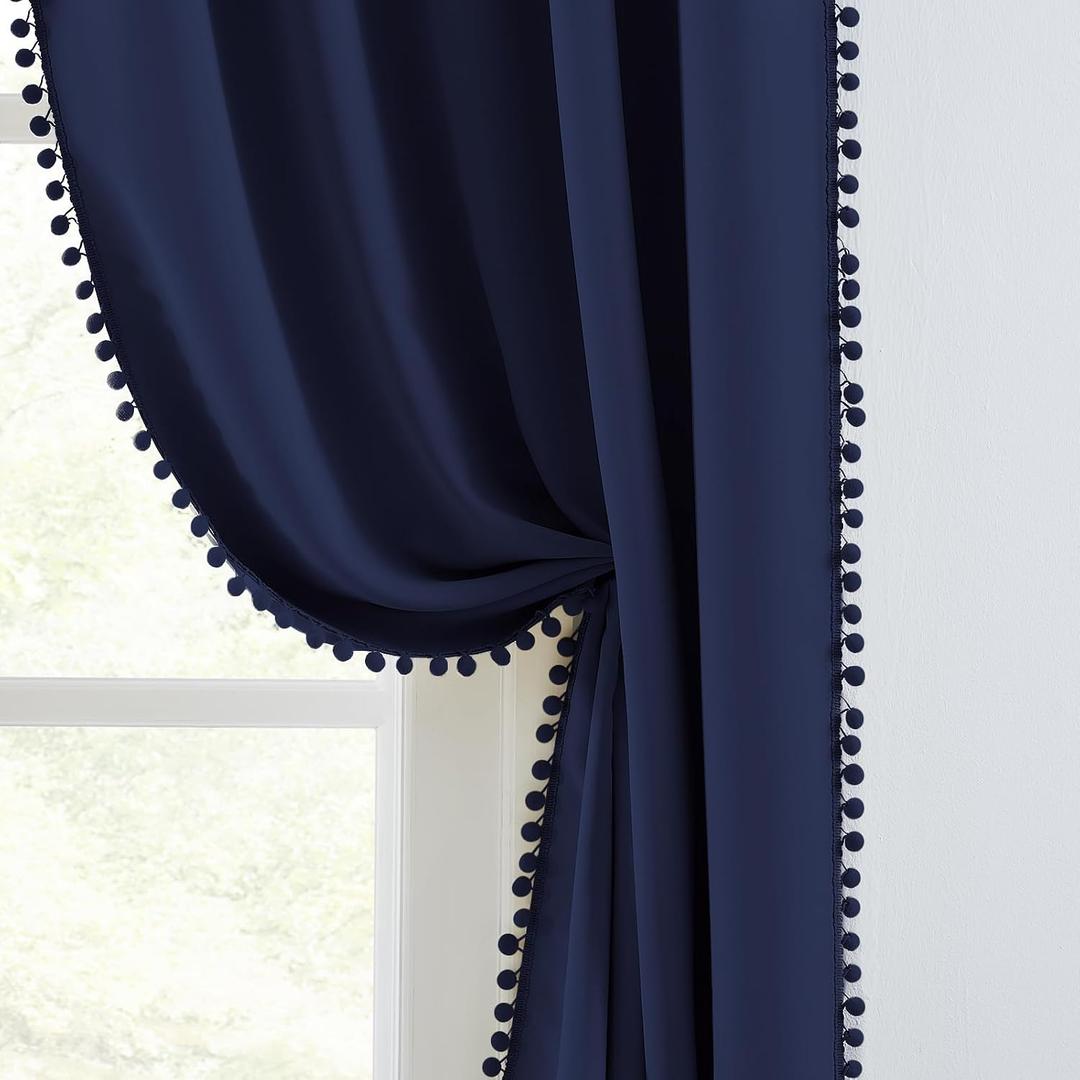 Melodieux Navy Blue Pom Pom Blackout Curtains 84 Inches Long for Bedroom, Living Room Thermal Insulated Boho Blackout Curtains, Elegant Cotton Textured Window Drapes for Kids Nursery, 52" W x 84" L
