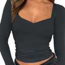 TiulZial Women Long Sleeve Tops - Sexy Going Out Sweetheart V Neck Basic Shirts Tight Slim Fall Trendy Clothing Small