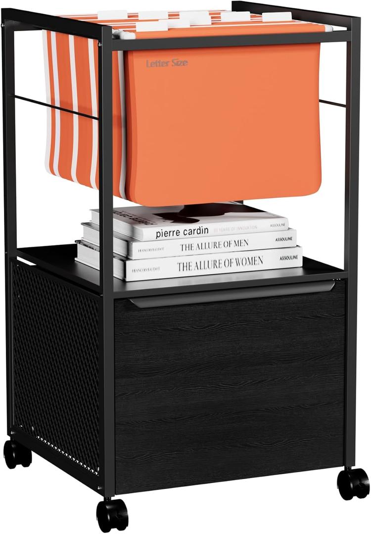 VECELO Mobile Filing Cabinet on Lockable Wheels,Under Desk Organizer with Hanging File Folder Organizer,Beside Under Desk for Office Home,No Bend Over, Fits Letter Size, Black