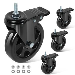 Caster Wheels 5 Inch, Swivel Threaded Stem Casters Set of 4 Heavy Duty 2400lbs, 3/8" -16 x 1 (Stem Diameter 3/8", Stem Length 1") Locking Casters Wheels Black