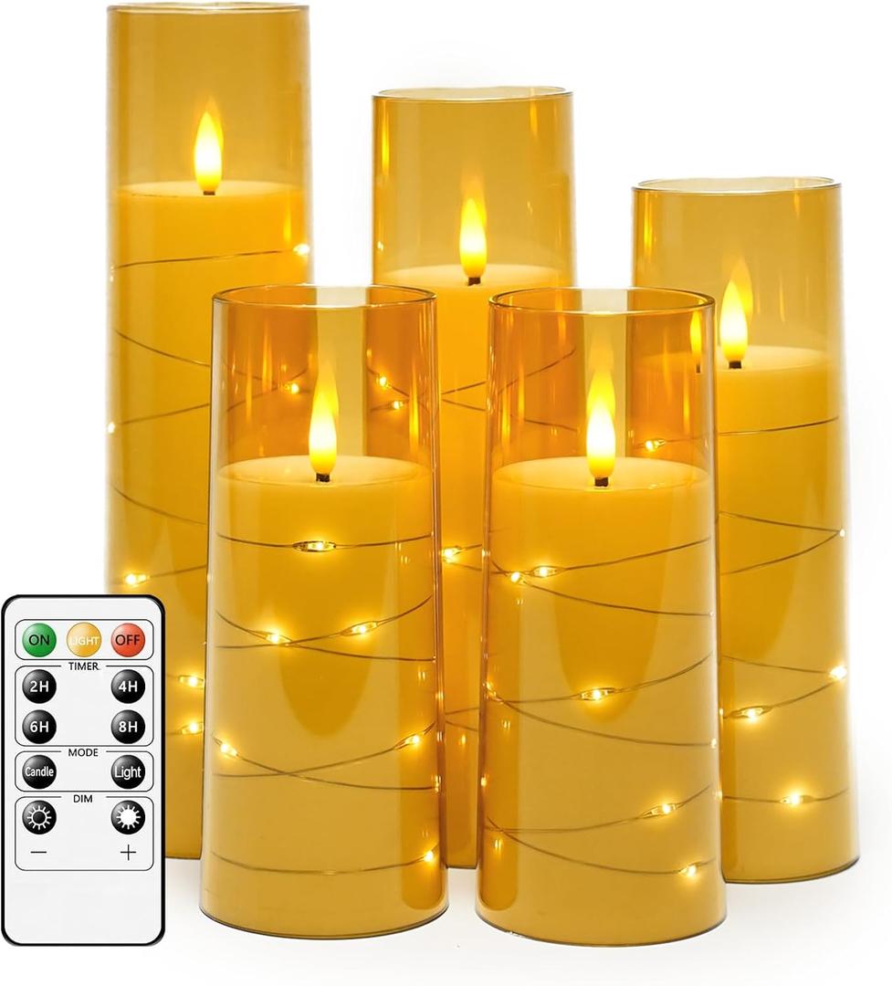 Flameless LED Candles with Timer 5 Pc Flickering Flameless Candles for Romantic Ambiance and Home Decoration Stable Acrylic Shell, Цith Embedded Star StringBattery Operated Candles Gold