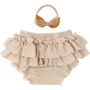 HOOLCHEAN Baby Girls Cotton Gauze Ruffle Bloomer Shorts with Bowknot Headband (0-6 Months, Khaki)