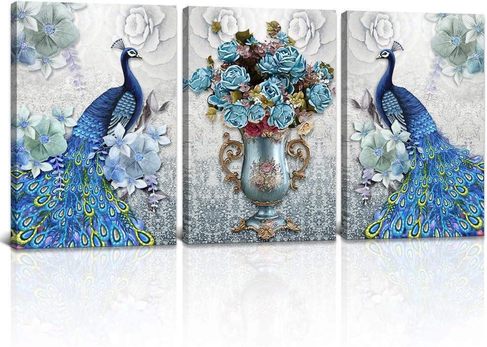 DekHome 3 Pieces Blue Peacock Canvas Wall Art Elegant Flower Bouquet Vase Giclee Wall Art Peacock Picture Paintings Stretched and Framed Vintage Home Office Living Room Bedroom Decor 16"x24"x3pcs