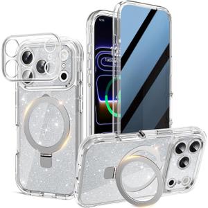 Magnetic Privacy Case for iPhone 17 Pro Max [DIY Glitter Cardstock] [Invisible Magnetic Kickstand] Built-in Anti Peep Screen Protector, Camera Protection Full Body Glitter Case for Women - Clear