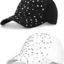 Loopeer 2 Pcs Adjustable Breathable Rhinestone Baseball Cap for Women Men Sequins Casual Sports Cap Rhinestone Hat (Black, White)