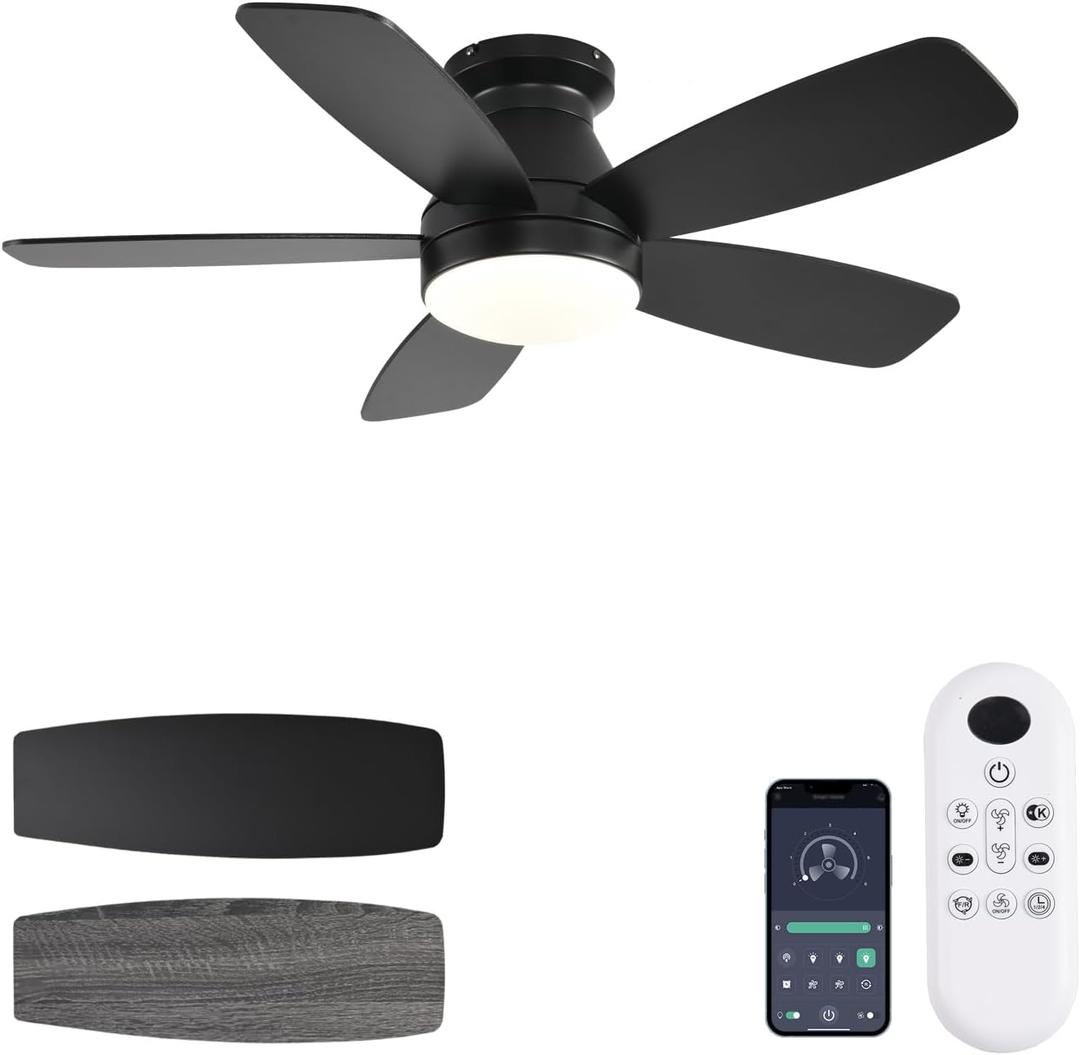 JSAITEE Ceiling Fans with Lights, 42 Inch Low Profile Ceiling Fan with Light and Remote/App Control, Flush Mount, Reversible, 3CCT, Dimmable, Noiseless, Black Ceiling Fan for Indoor/Outdoor Use