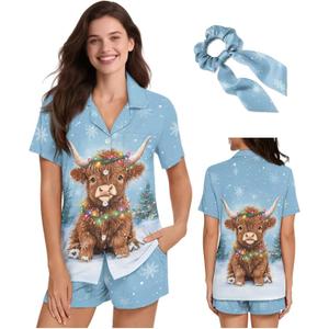 Christmas Pajamas for Women Set of 2 Pieces Button Down Pj Sets S-2XL Sleepwear Loungewear with Scrunchies (XXL)