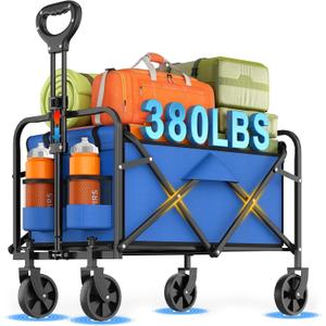 Collapsible Wagon Cart Foldable Beach Wagon with All-Terrain Wheels - 380 LBS Heavy Duty Grocery Cart for Shopping, Beach, Camping, Sports, Garden (Blue)