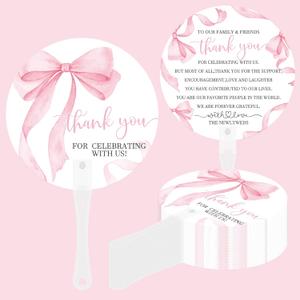 50Pcs Pink Bow Wedding Hand Fan Thank You for Celebrating with Us Favor Fan Coquette Double Sided Handheld Fans for Engagement Bridal Shower