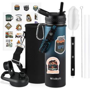 20 oz Insulated Water Bottle with Straw (Cold for 48 Hrs), Stainless Steel Triple Wall Vacuum Sports Water Jug, Leakproof Hydro Cup Flask with Paracord Handle & Straw Spout Lids & DIY Stickers (Blue/Black Gradient)