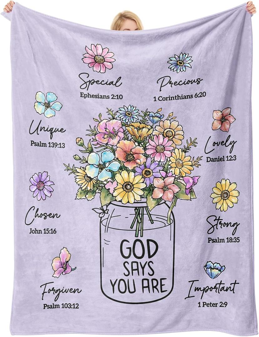 Christian Gifts for Women, Lilac Purple Christian Blanket with Flowers, Birthday Gifts for Women, Baptism Religious Mothers Day Spiritual Gifts for Sister Daughter Girls Mom, Throw Blankets 60''x 50''