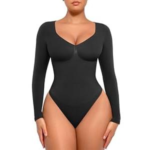 FeelinGirl Black Long Sleeve Shapewear for Woman Tummy Control Bodysuit Thong Going Out Slimming Tops Black M