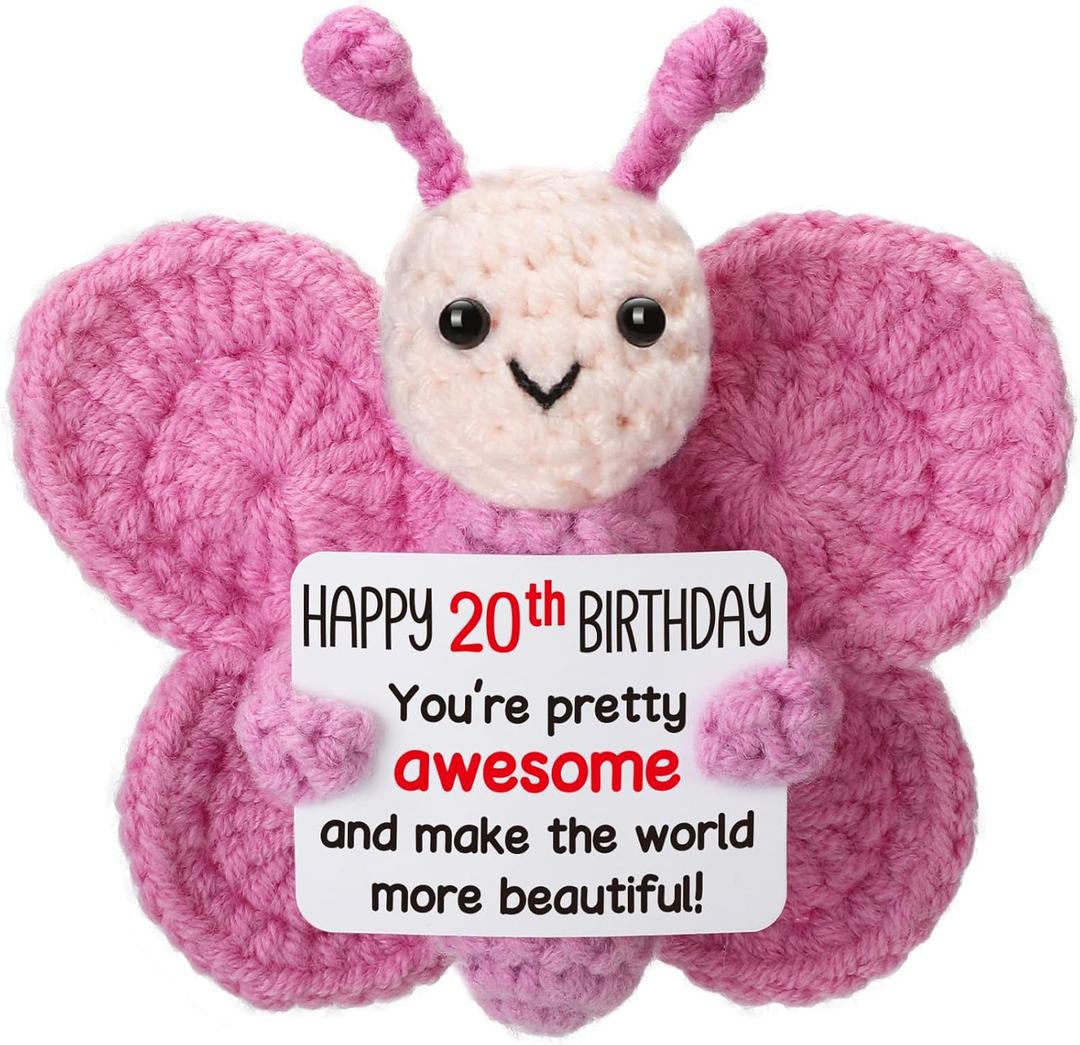 Pink Crochet Butterfly 20th Birthday Gift for Her, Handmade 4" Amigurumi Plush with Happy 20th Birthday Sign, Cute Desk Decor, Small Stuffed Butterfly for Daughter College