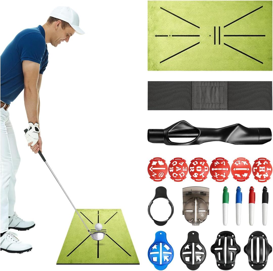 Complete Golf Accessories Set - Golf Grip Trainer, Golf Swing Trainer Arm Band, Golf Hitting Mat and Golf Ball Marker Kit, Golf Training Aid for Improving Swing Technique for Home & Outdoor Practice