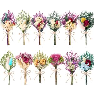 12/24 PCS Charming Dried Flowers Bouquet for Vase Various Dried Wildflowers with Stems Mini Handmade Wildflowers Natural Real Flowers Bulk Flowers Craft (Romantic Colour, 12 PCS)