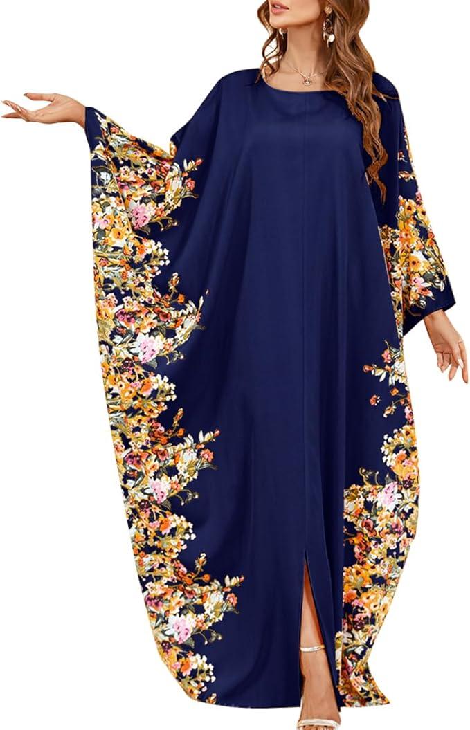 IDOPIP Abayas for Women Muslim Ramadan Dress Long Sleeve Floral Maxi Moroccan Kaftan Dress Loose Islamic Dubai Pakistani Robe, XXL