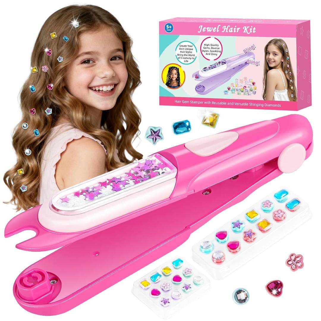 Hair Gem Stamper Kit - Bling Hair Jewels for Girls Toys - Hair Accessories with Reusable Shining Diamonds, Birthday Christmas Gifts for Girls 3 4 5 6 8-12 (Pink)