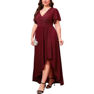 ZOMVA Plus Size 4X Sparkly Glitter Formal Maxi A Line Dress Sparkle Wrap Ruffle Sleeve Prom Dresses Cocktail Evening Gown