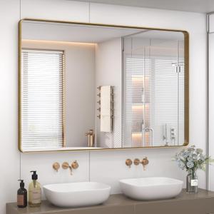 CHARMOR 48x36 Inch Gold Bathroom Mirror, Brushed Metal Framed Gold Wall Mirror, Modern Rounded Rectangle Brass Vanity Mirror, Shatterproof, Anti-Rust (Horizontal/Vertical)