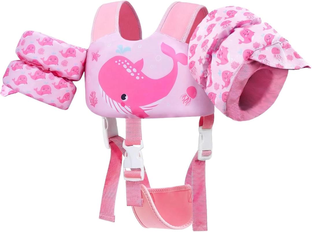 Gogokids 2-in-1 Toddler Swim Vest Pool Floaties for Kids[CPC Certified & Remove Crotch Strap]Puddle Float Jumper 24-66 Pounds, Toddler Arm Floaties Swim Jacket Water Wings for kids Boys Girls Swimmies (A-Pink Whale)