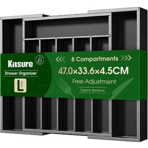 Kitsure Silverware Organizer - Expandable Bamboo Kitchen Drawer Organizer for Cooking Utensils and Cutlery, Sturdy & Thickened Kitchen Organizers and Storage Solution, Large, Black