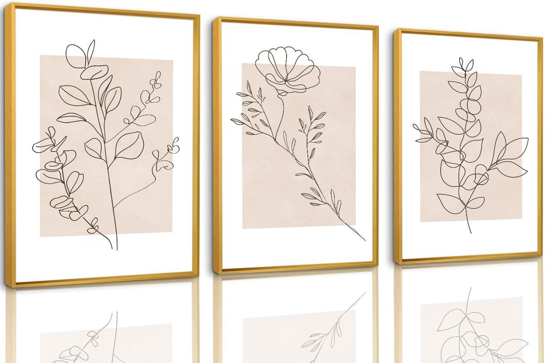 CHDITB Floral Line Framed Canvas Wall Art Set, Minimalist Flower Wall Decor, Neutral Beige Plants Wall Painting, Abstract Botanical Leaf Stripe Art Print for Living Room, Bedroom, Office - 16"x24"x3