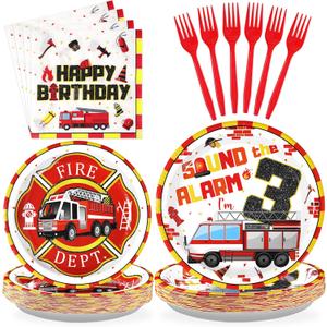 96Pcs Fire Truck 3rd Birthday Decorations Firefighter 3rd Birthday Plates and Napkins Tableware Sets Sound the Alarm Party Decorations for Boys Firetruck Fireman 3 Years Old Party Supplies Serve 24