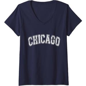Womens Chicago Classic Vintage I Illinois State Gift V-Neck T-Shirt (Small, Navy)