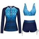 Women 3 Piece Long Sleeve Rash Guard with Built in Bra Swimsuits UPF 50+ Swim Shirt Quick Dry Swimsuit Navy Blue Gradient Flower XL