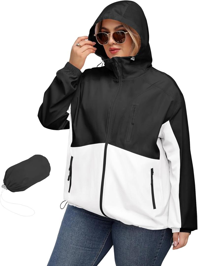 Avoogue Plus Size Womens Rain Jacket with Hood Waterproof Raincoats Lightweight Packable Outdoor Trench Coat (XX-Large Plus, Black and White)