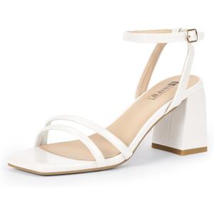 IDIFU IN3 Women's Strappy Heels Chunky Block Square Open Toe Adjustable Ankle Strap Heeled Sandals Slingback Thick Low Wedding Prom Bridal Dress Shoes for Women Short Small Heels (7.5, White Pu)
