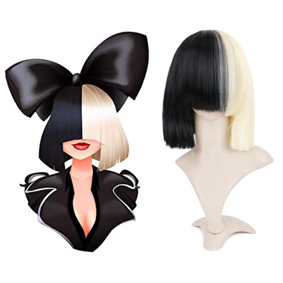 Creamily Medium Length Straight Bob Wigs for Women Half Blonde Half Black Hair Wig 2-Tone Dyed Hair Colorful Wig Classic Cosplay Party Halloween Costume Wigs for Women Girls