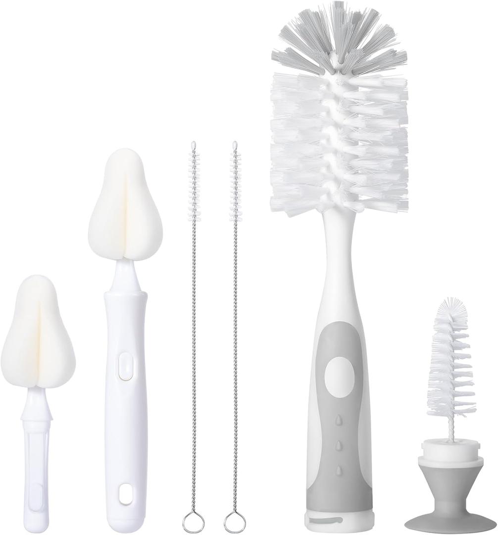 CAREBABYMORE Baby Bottle Brush Set with Nipple Cleaner and Suction, 10.2" Cleaning Brush and 6.5" Sponge Bottle Brush with A Replacement Brush Head and Two 6.7" Straw Brushes, Pack of 5 (Gray)