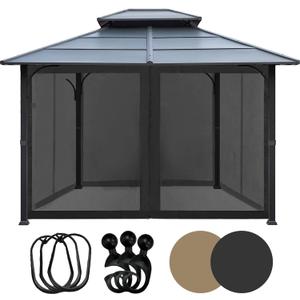 Tradesparker 10x10 Gazebo Replacement Mesh Walls,4-Sided Mosquito Screen Netting with 48Curtain Rings & 48Rail HooksBlack (Universal Fit for Gazebo & Pergola)