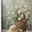 Framed Farmhouse Vintage Daisy Floral Canvas Wall Art, Neutral Country Botanical Artwork Paintings for Bathroom Living Room Kitchen Decor Ready to Hang (16"x24")