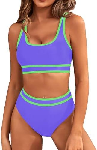 BMJL Women's High Waisted Bikini Sets Sporty Two Piece Swimsuits Color Block Cheeky High Cut Bathing Suits, Size L