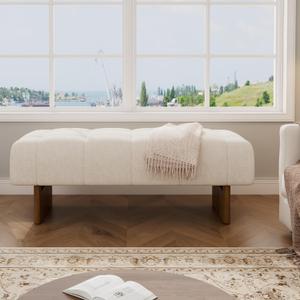 Merax Upholstered Entryway Bench 49.75" Tufted Linen Fabric Ottoman Bench with Solid Wood Legs, Modern End of Bed Bench, for Living Room Hallway Bedroom, Beige