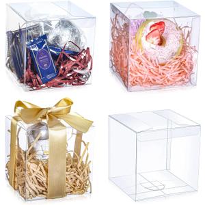 100 Pcs Clear Favor Boxes Plastic Clear Gift Boxes 4 x 4 x 4 Inch Candy Transparent PVC Gift Package for Mother Nurse Teacher Wedding Bridal Baby Shower Party Cupcake Macaron Candy Cookie Ornament