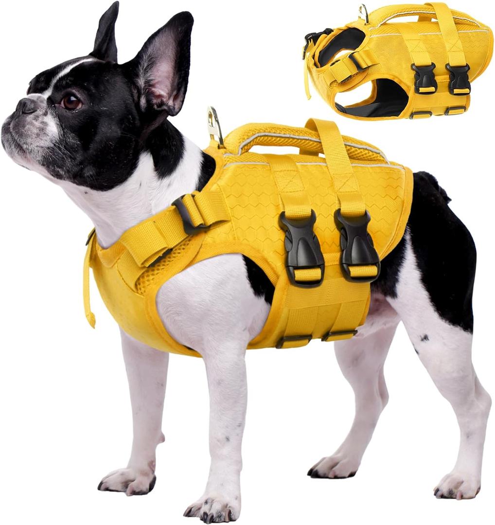Kuoser Dog Life Jacket High Flotation, Reflective Dogs Life Vest for Swimming Boating, Adjustable Small Medium Large Dog lifejacket, Lightweight Dogs Life Preserver Rescue Handle Spring Summer Pool (Small (Chest Girth:16.9-21.3''), YellowNew)
