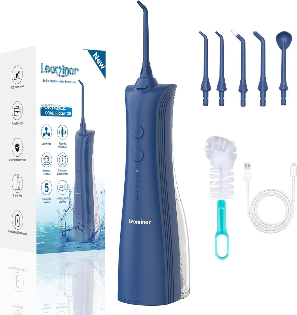 Leominor Water Flosser - 5 Modes Cordless Portable Oral Irrigator, IPX7 Waterproof, Rechargeable Teeth Cleaner Professional Flossing Cleaning Pick for Home Travel (D Blue) (230ml)