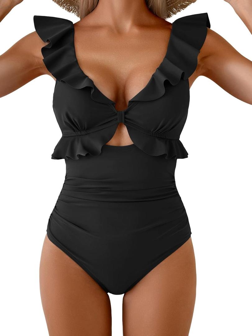 Aidonger Women's One Piece Swimsuit Tummy Control Ruffle Bathing Suit V Neck Ruched Swim Suit Slimming Cutout Swimwear (Black, XL)